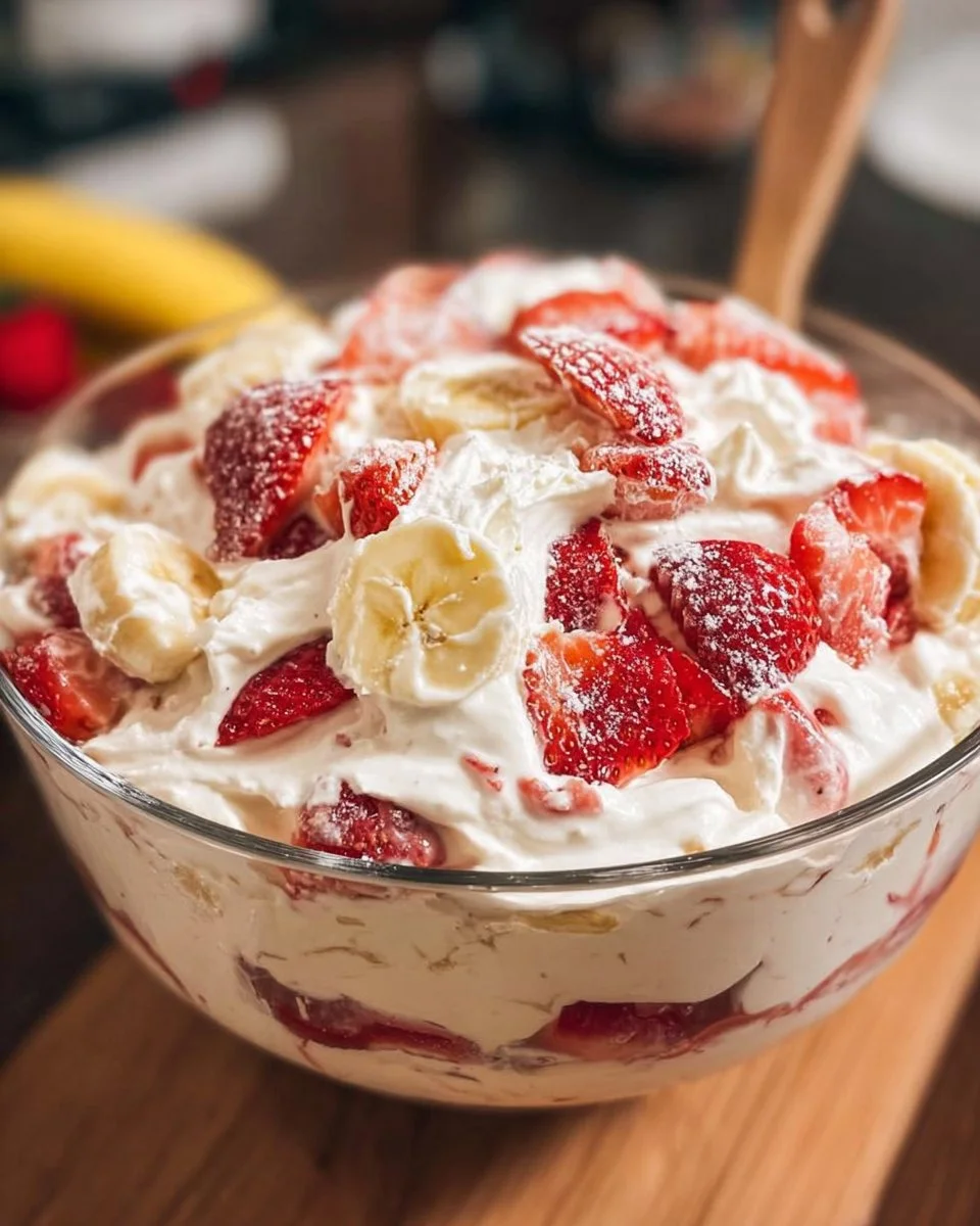 Delicious homemade strawberry banana cheesecake salad with fresh fruits