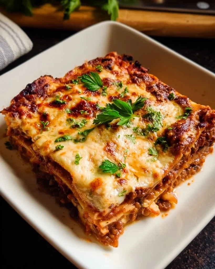 Baked Lentil Ragu Lasagne with layers of lentils and cheese sauce