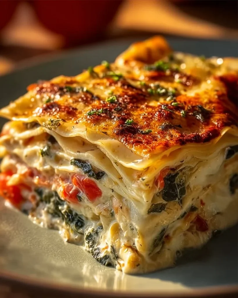 Loaded veggie white lasagna with layers of vegetables and cheese