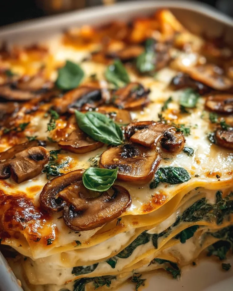 A delicious serving of Mushroom Spinach Lasagna on a plate, topped with fresh herbs.