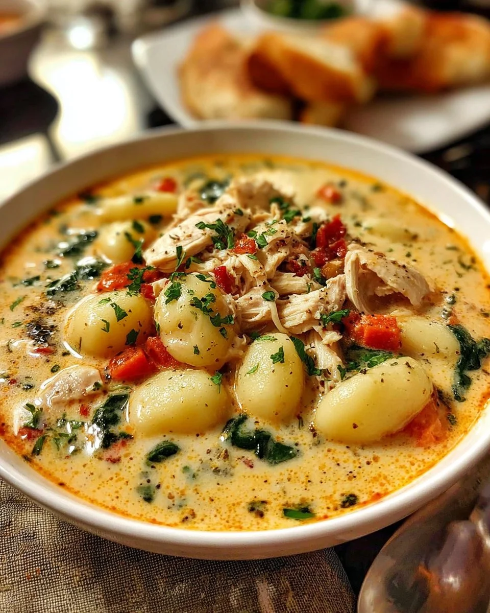Bowl of Olive Garden Chicken Gnocchi Soup with vegetables and gnocchi