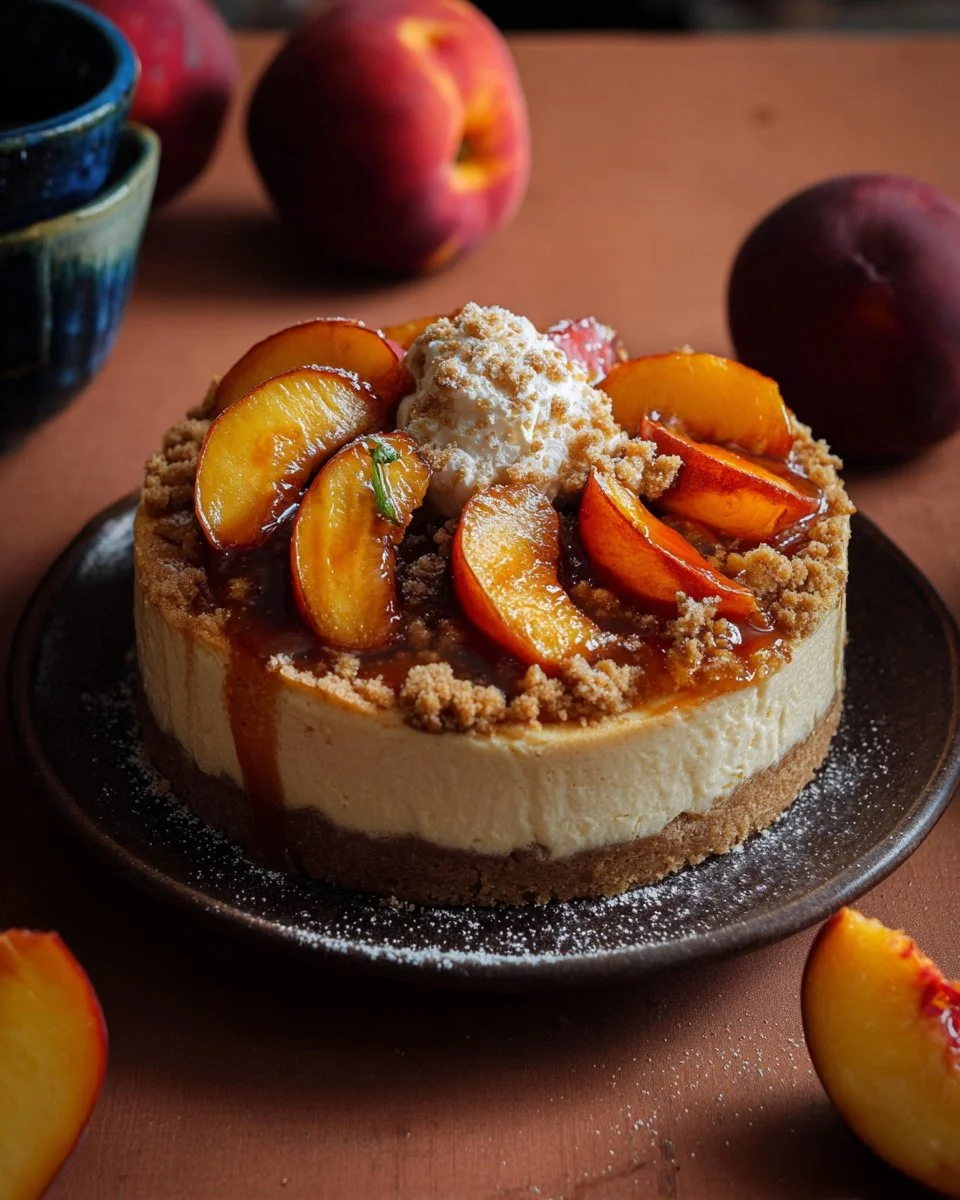 Delicious Peach Cobbler Cheesecake with fresh peaches and a buttery crumble topping.