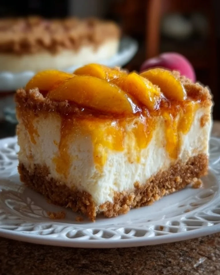 Peach Cobbler Cheesecake topped with fresh peaches and whipped cream