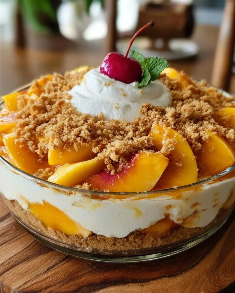 Delicious Peach Cobbler Cheesecake Salad topped with fresh peaches and cream.
