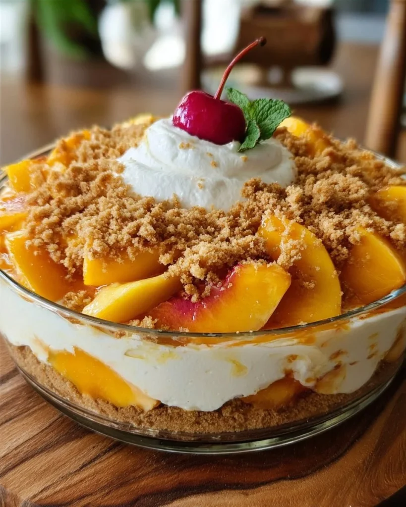 Delicious Peach Cobbler Cheesecake Salad topped with fresh peaches and cream.