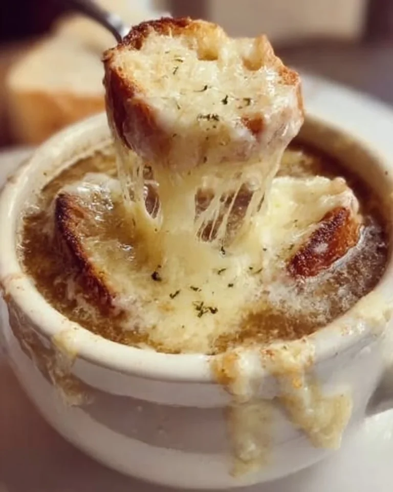 A bowl of perfect French onion soup topped with melted cheese and caramelized onions.