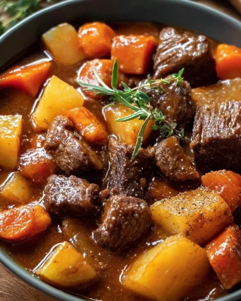 Pioneer Woman's delicious crockpot beef stew served in a bowl