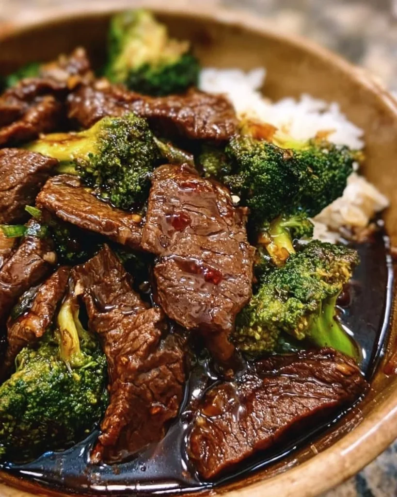 Slow cooker beef and broccoli dish with tender beef and fresh broccoli