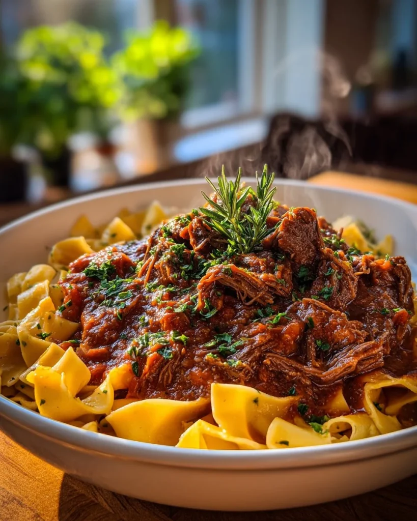 Delicious slow cooker beef ragu served with pasta