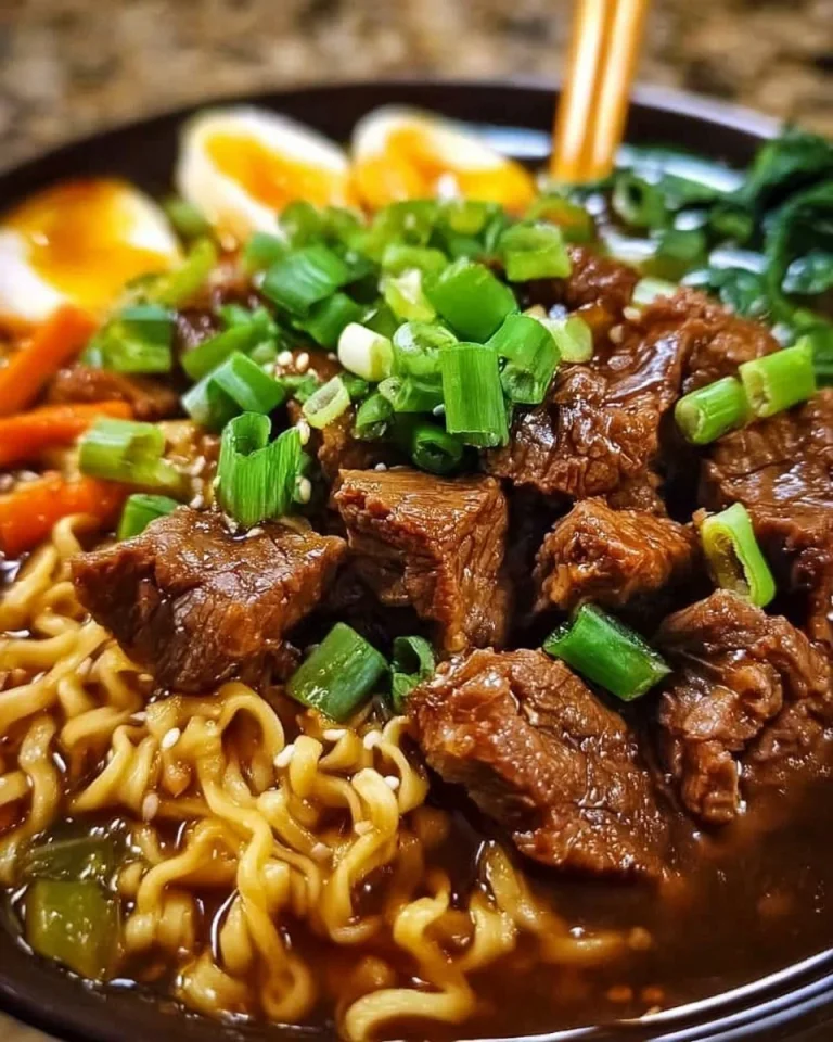 Delicious slow cooker beef ramen noodles served in a bowl with toppings