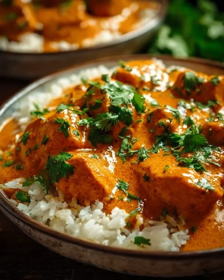 Slow cooker butter chicken with spices and creamy sauce in a bowl.