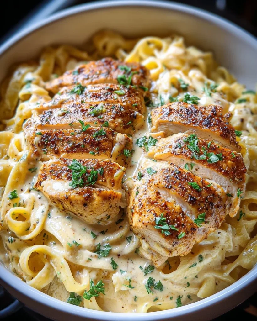 Slow Cooker Cajun Chicken Alfredo served in a bowl with herbs
