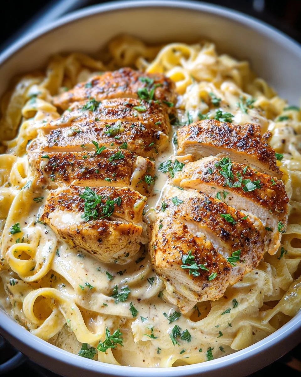 Slow Cooker Cajun Chicken Alfredo served in a bowl with herbs