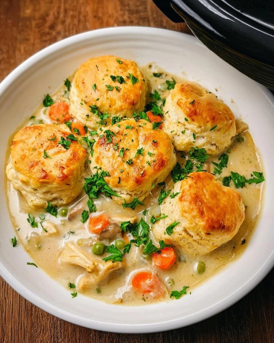 Slow cooker chicken and biscuits dish served in a bowl with herbs