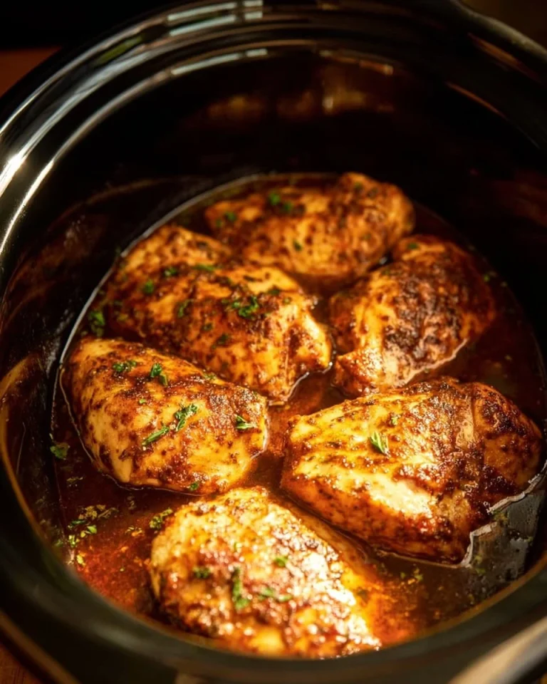Delicious slow cooker chicken breasts ready to serve with herbs and spices.