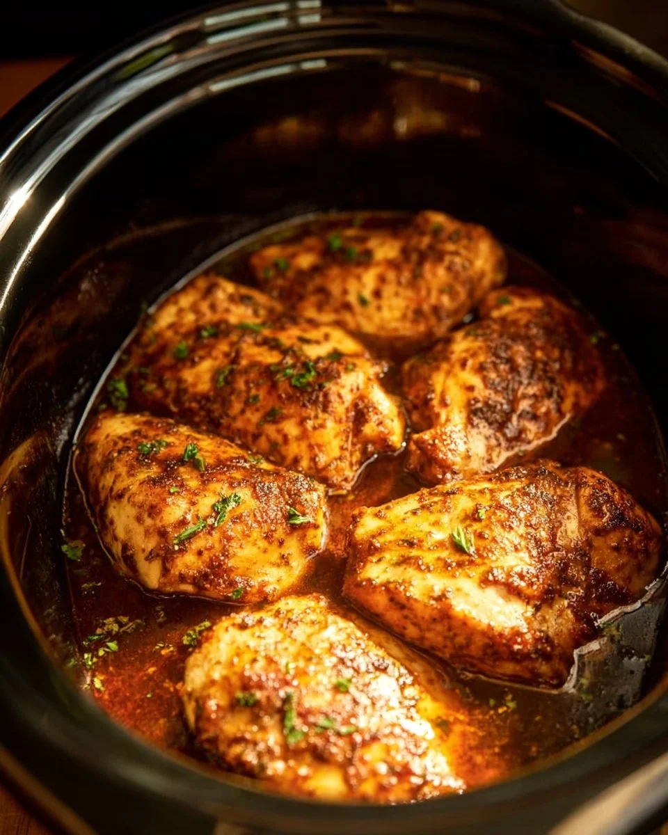 Delicious slow cooker chicken breasts ready to serve with herbs and spices.