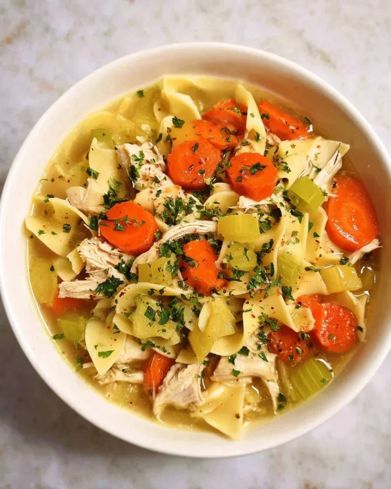 Bowl of slow cooker chicken noodle soup with vegetables and fresh herbs