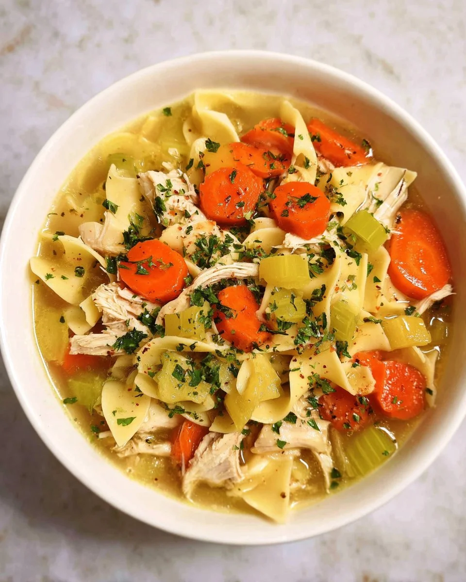 Bowl of slow cooker chicken noodle soup with vegetables and fresh herbs