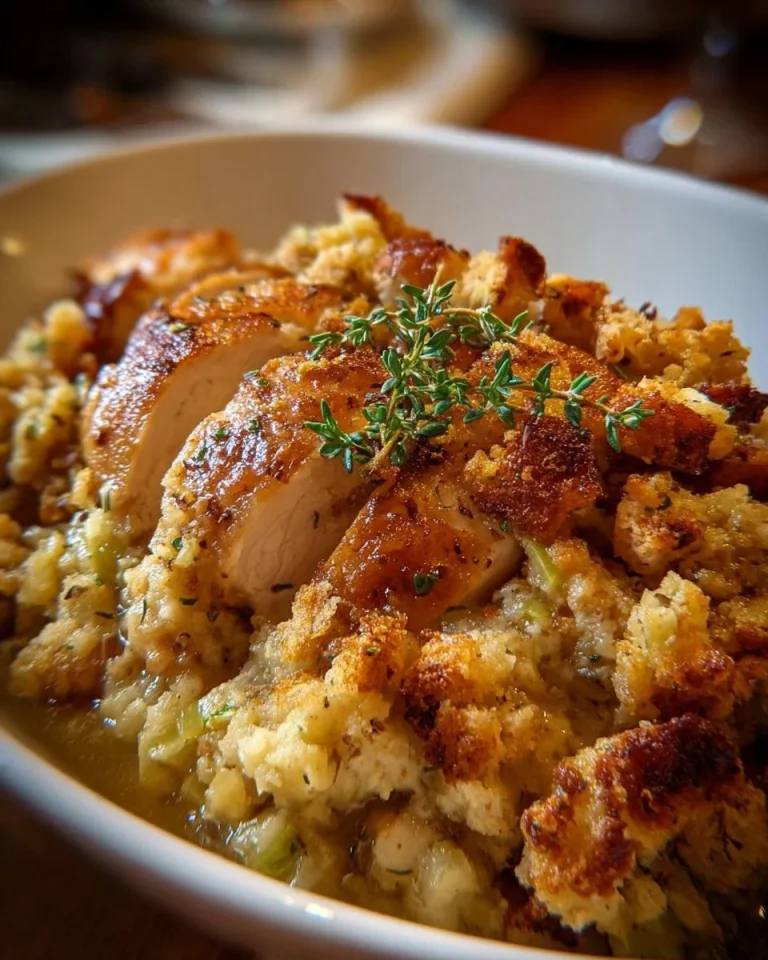 Slow Cooker Chicken with Stuffing served with vegetables on a plate