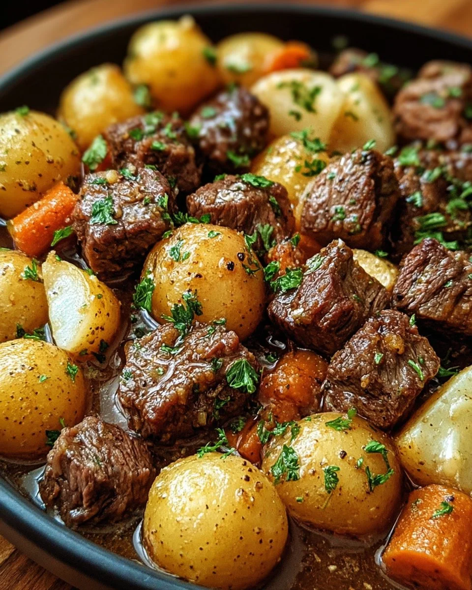 Delicious slow cooker garlic butter beef bites with potatoes dish