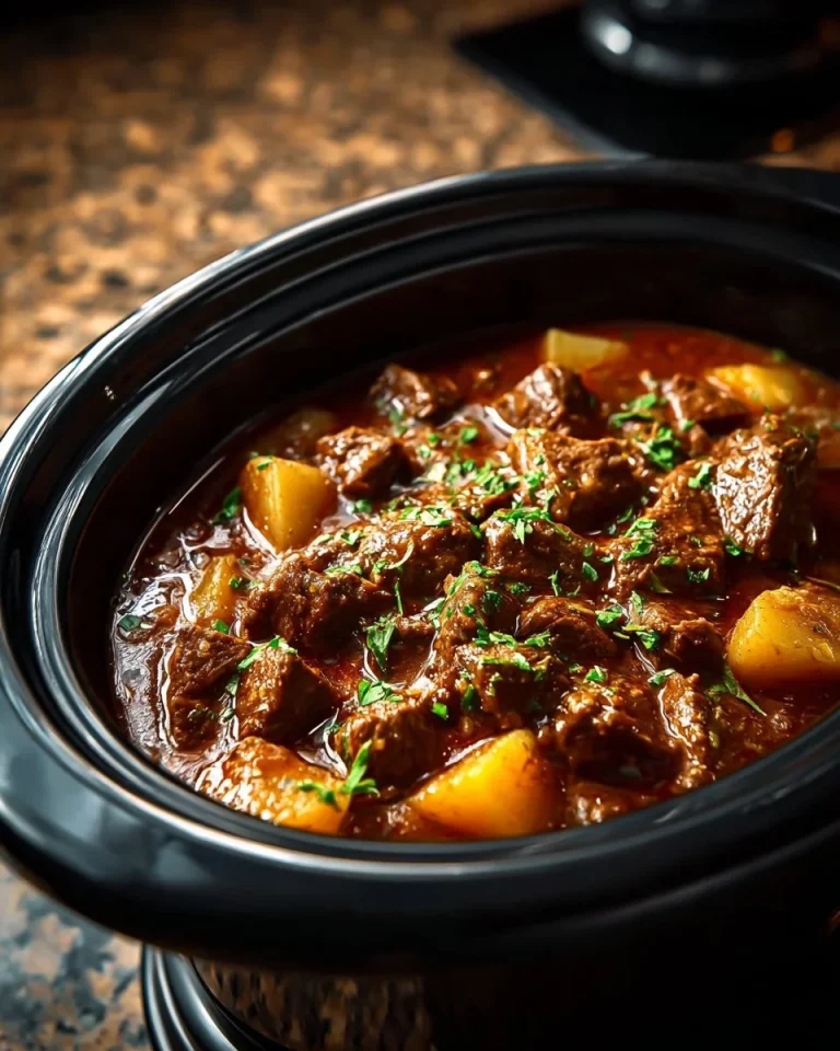 Slow cooker garlic butter beef bites with potatoes in a delicious sauce
