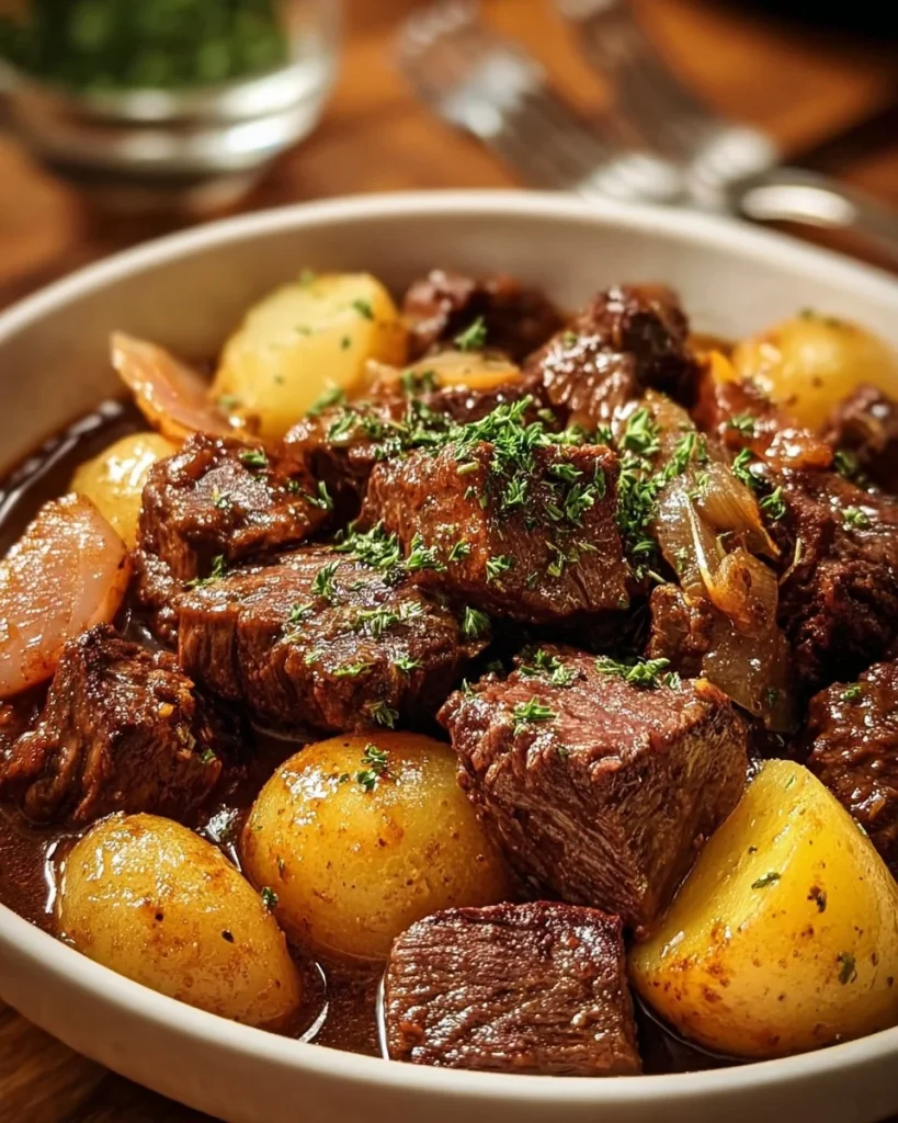 Delicious slow cooker garlic butter beef bites with potatoes served in a bowl