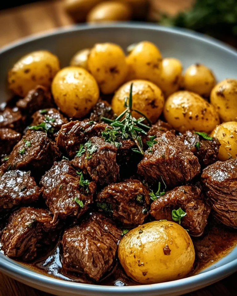 Delicious slow cooker garlic butter beef bites served with tender potatoes