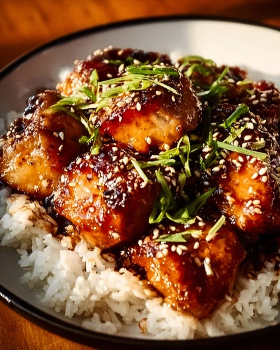 Delicious Slow Cooker Honey Garlic Chicken served with rice and vegetables