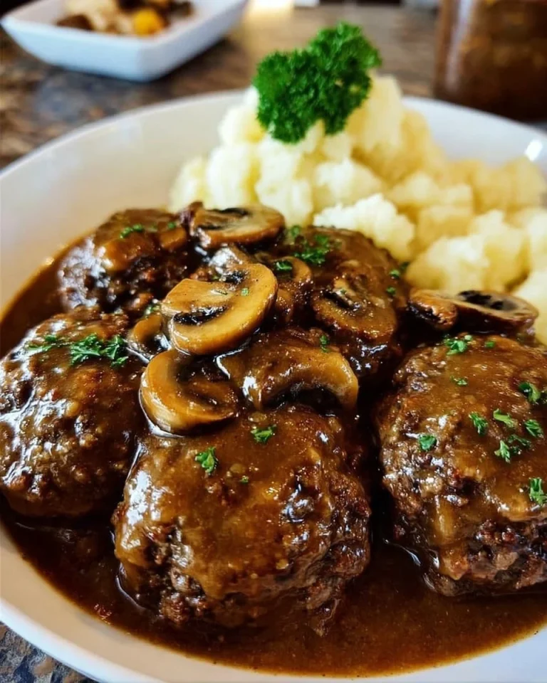 Tender Slow Cooker Salisbury Steak served with gravy and mashed potatoes.