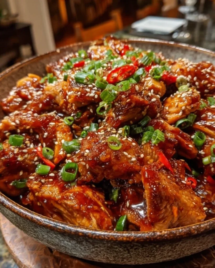 Slow Cooker Sweet Chili Chicken served on a plate with garnish