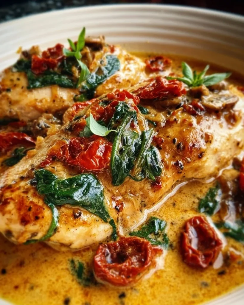 Delicious Slow Cooker Tuscan Chicken with fresh herbs and vegetables