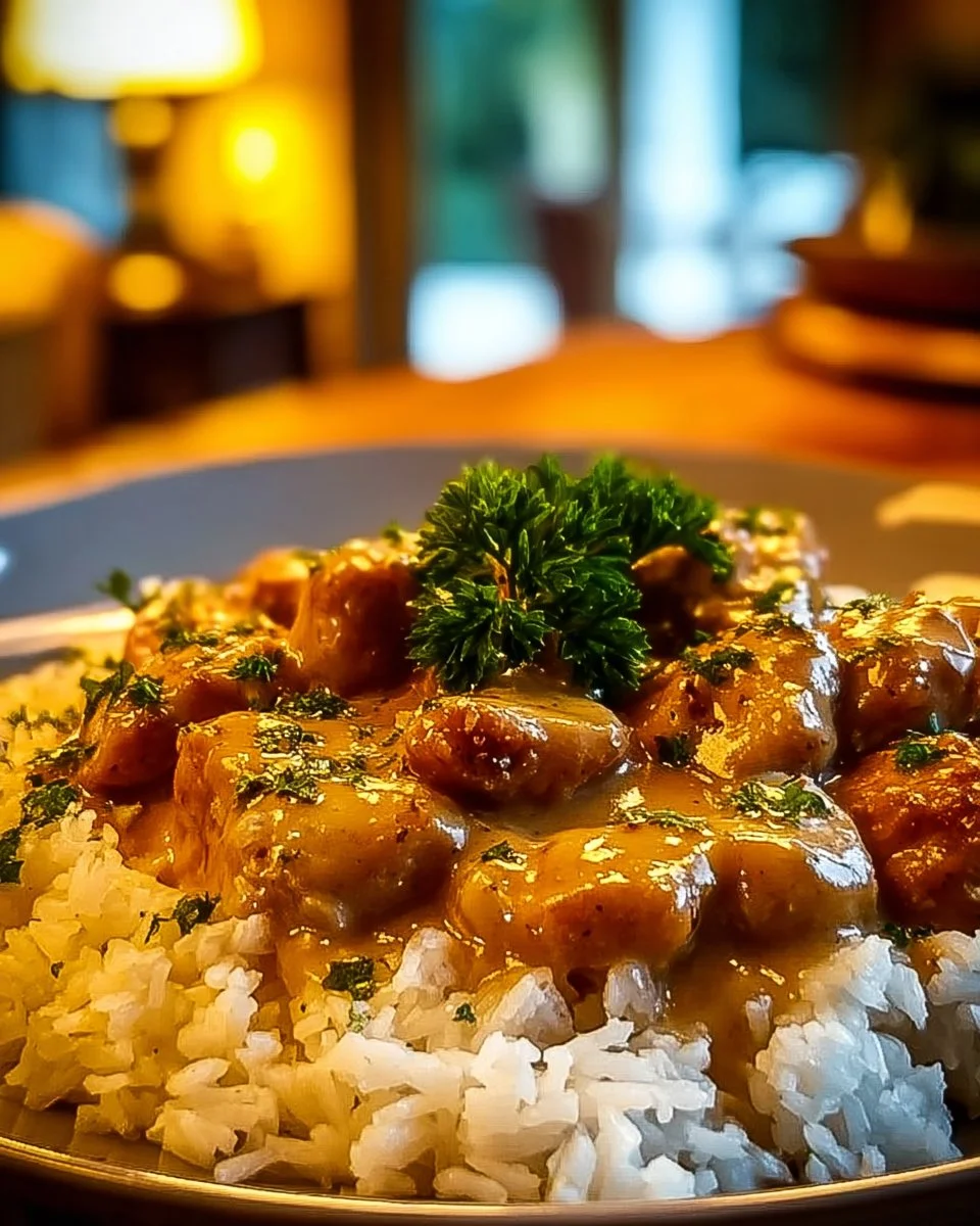 Plate of smothered chicken served with rice and gravy