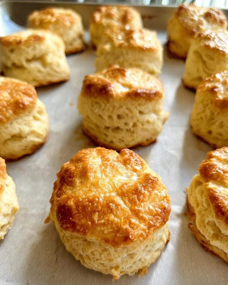 Freshly baked sour cream biscuits on a rustic wooden table
