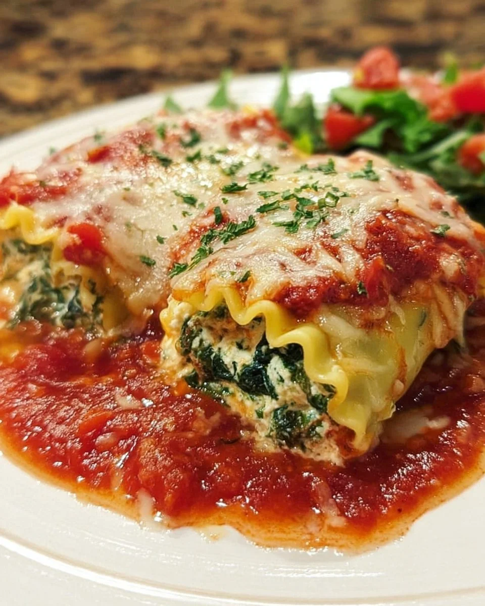 Spinach lasagna roll-ups topped with marinara sauce and cheese.