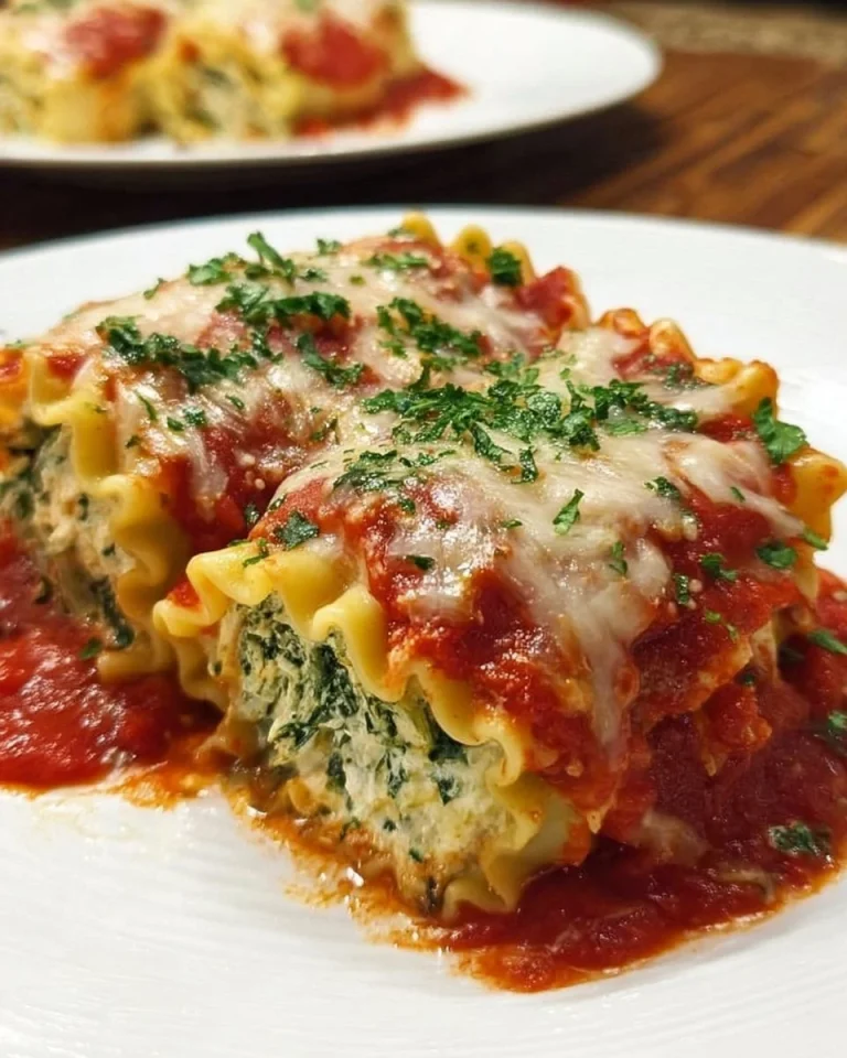 Delicious Spinach Lasagna Roll-Ups topped with melted cheese and fresh herbs.