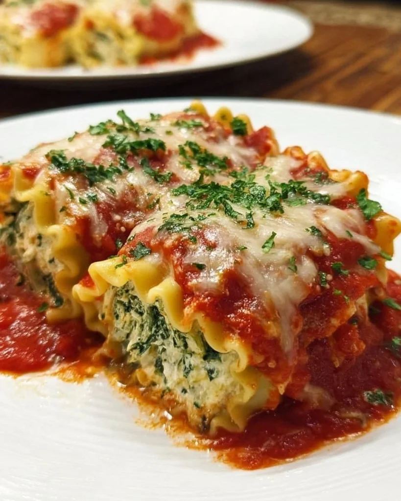 Delicious Spinach Lasagna Roll-Ups topped with melted cheese and fresh herbs.