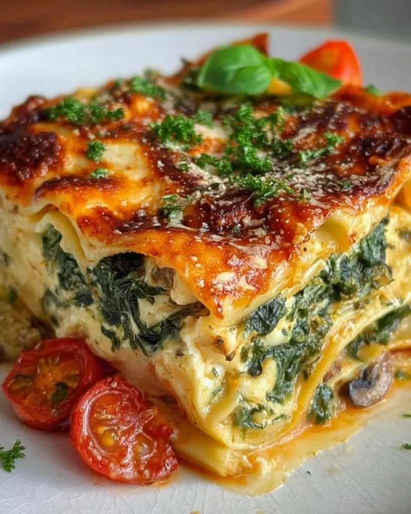 Delicious spinach lasagna layered with feta cheese and fresh tomatoes