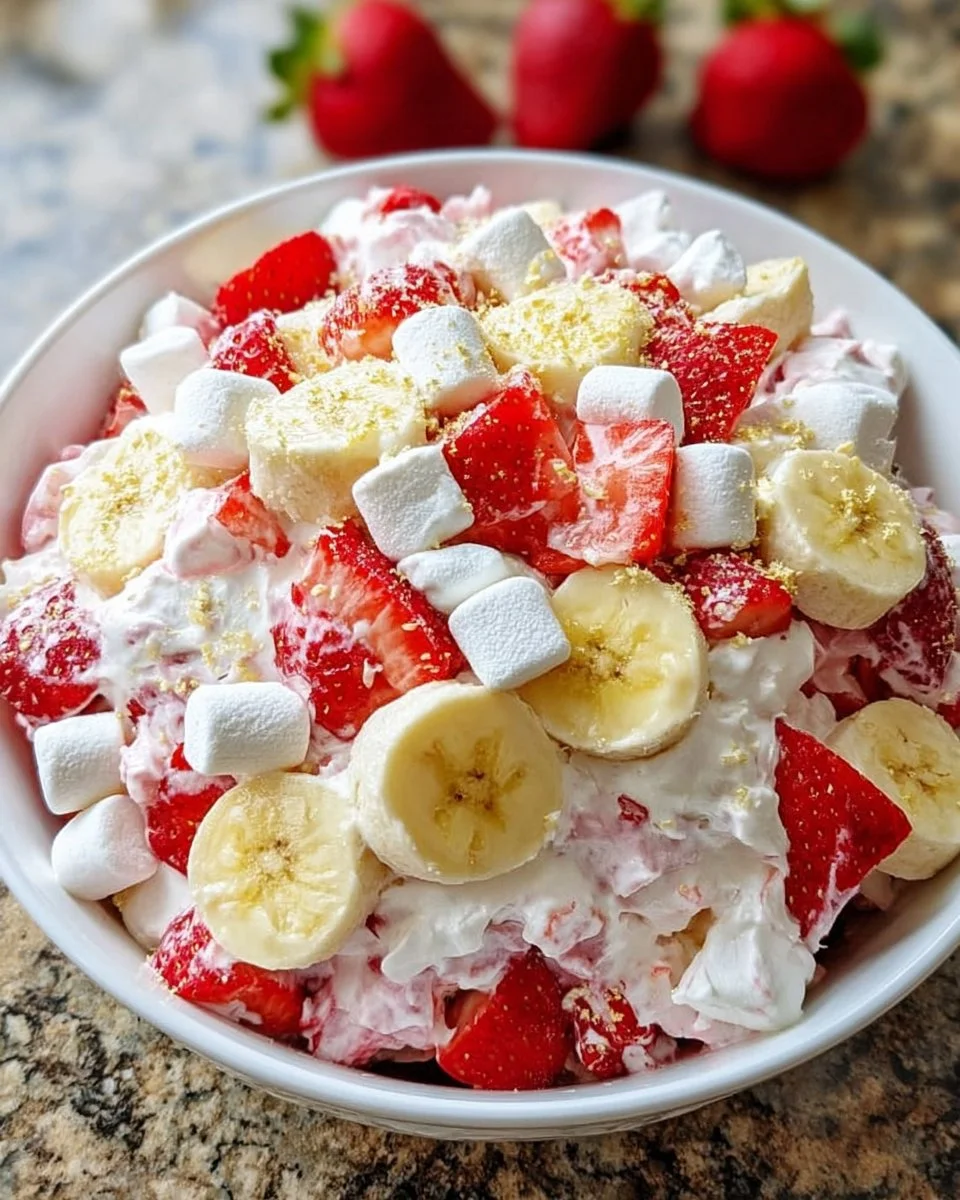Strawberry Banana Cheesecake Salad with fresh strawberries and bananas