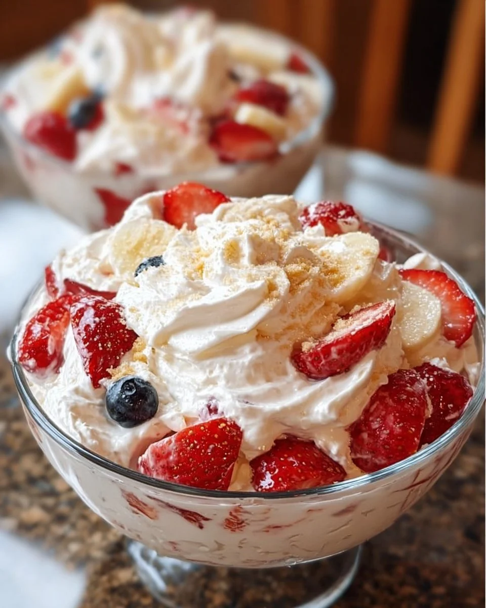 Delicious Strawberry Cheesecake Salad with fresh strawberries and creamy topping.