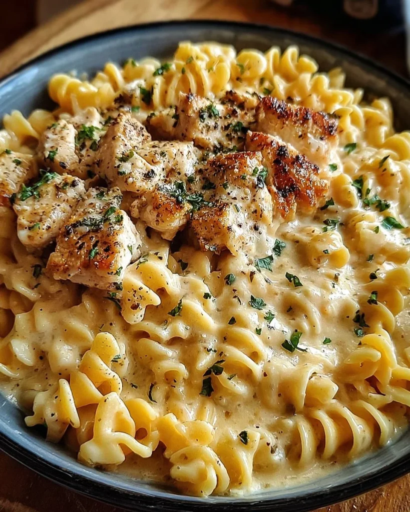 Delicious Crockpot Garlic Parmesan Chicken Pasta in a creamy sauce.