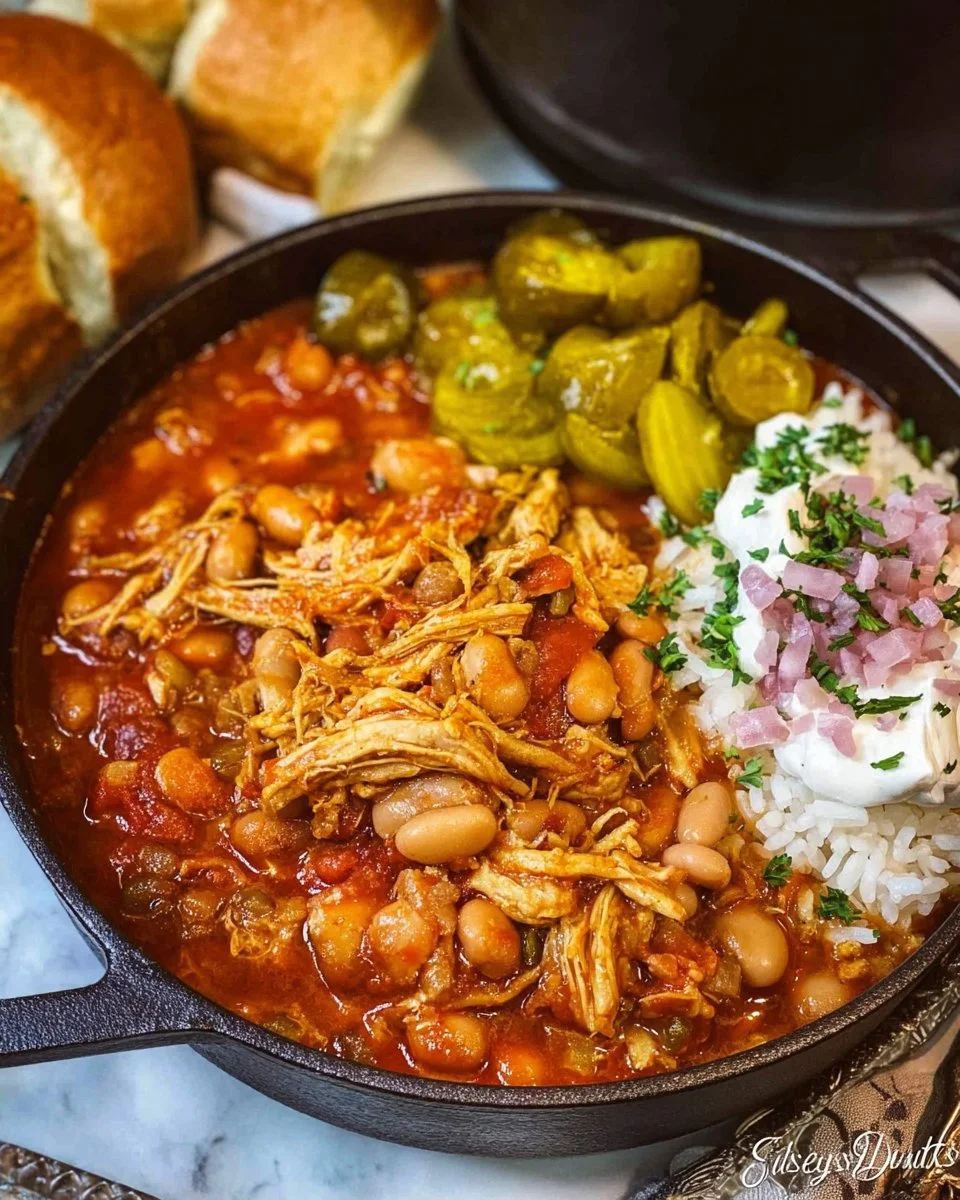 Bowl of Nashville hot chicken chili topped with ingredients and spices