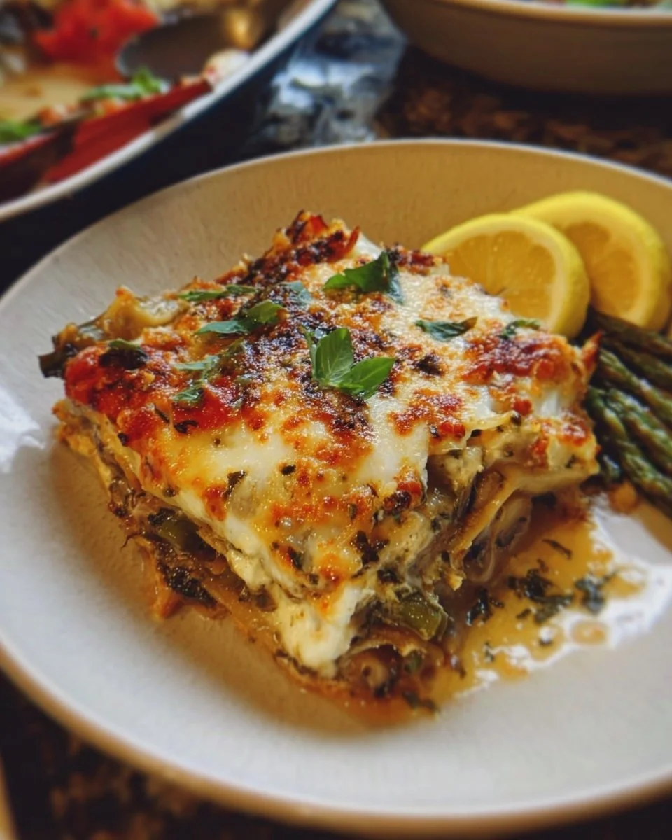 Delicious vegan primavera lasagna layered with fresh vegetables and vegan cheese