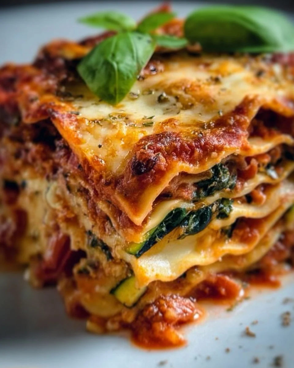 Delicious vegetable lasagna layered with fresh vegetables and cheese