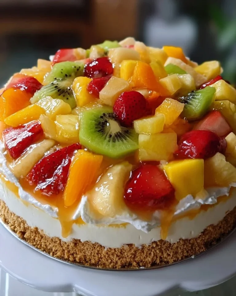 Delicious tropical fruit salad cheesecake topped with fresh fruit slices.