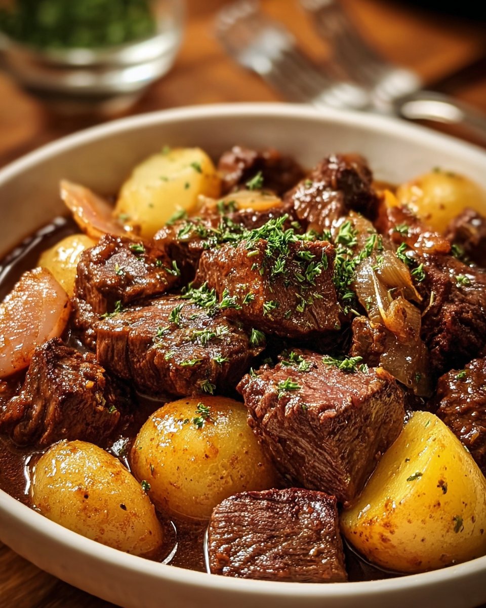 Slow Cooker Garlic Butter Beef Bites & Potatoes