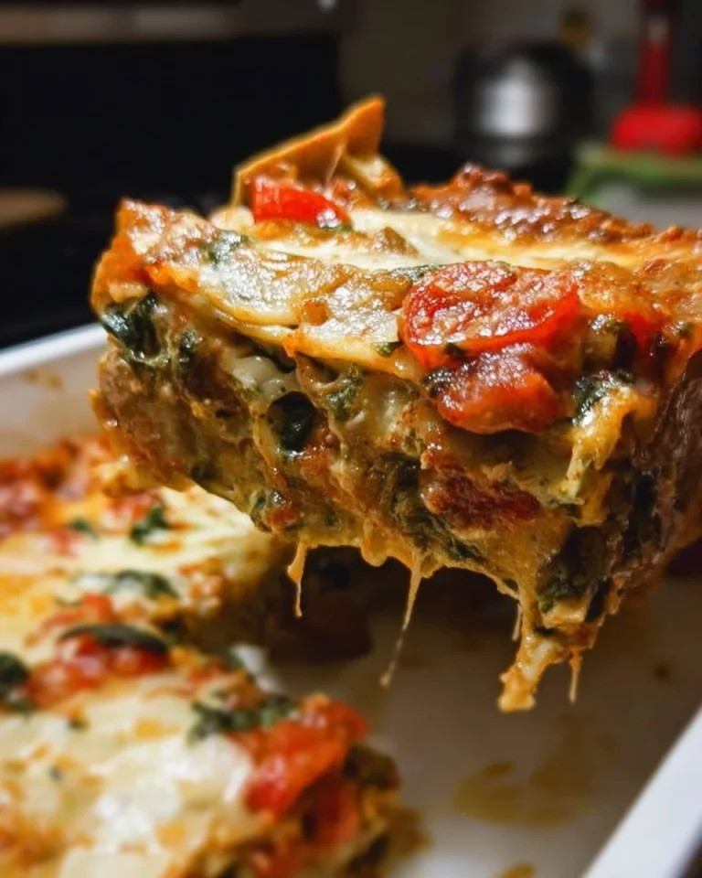 Delicious vegetable lasagna with spinach, showcasing layers of fresh ingredients.