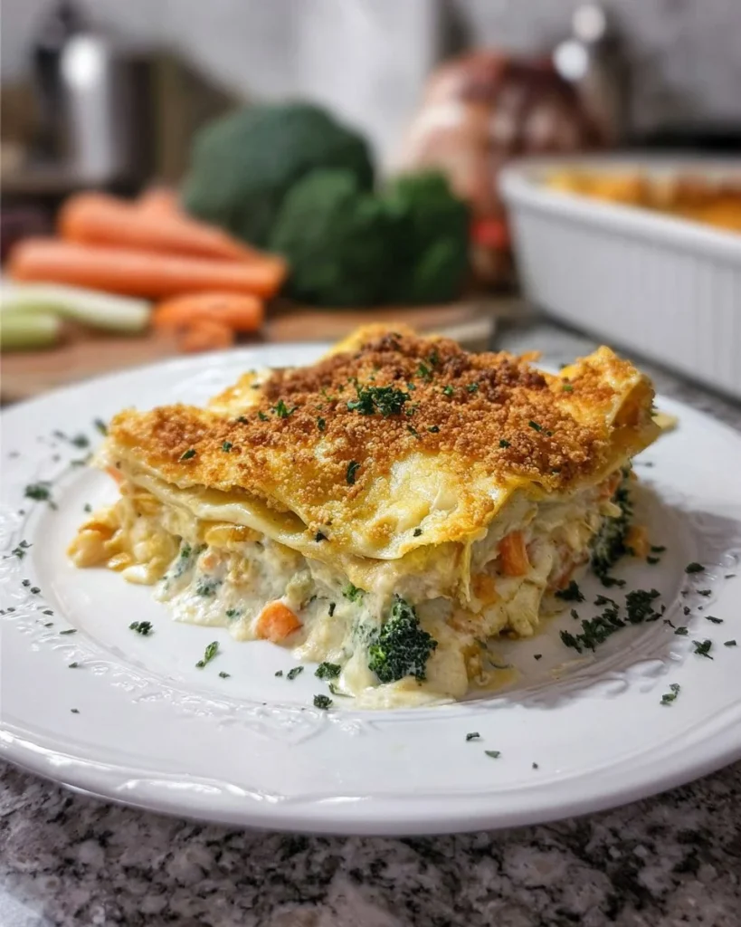 Vegetable lasagna layered with fresh vegetables and topped with creamy white sauce.