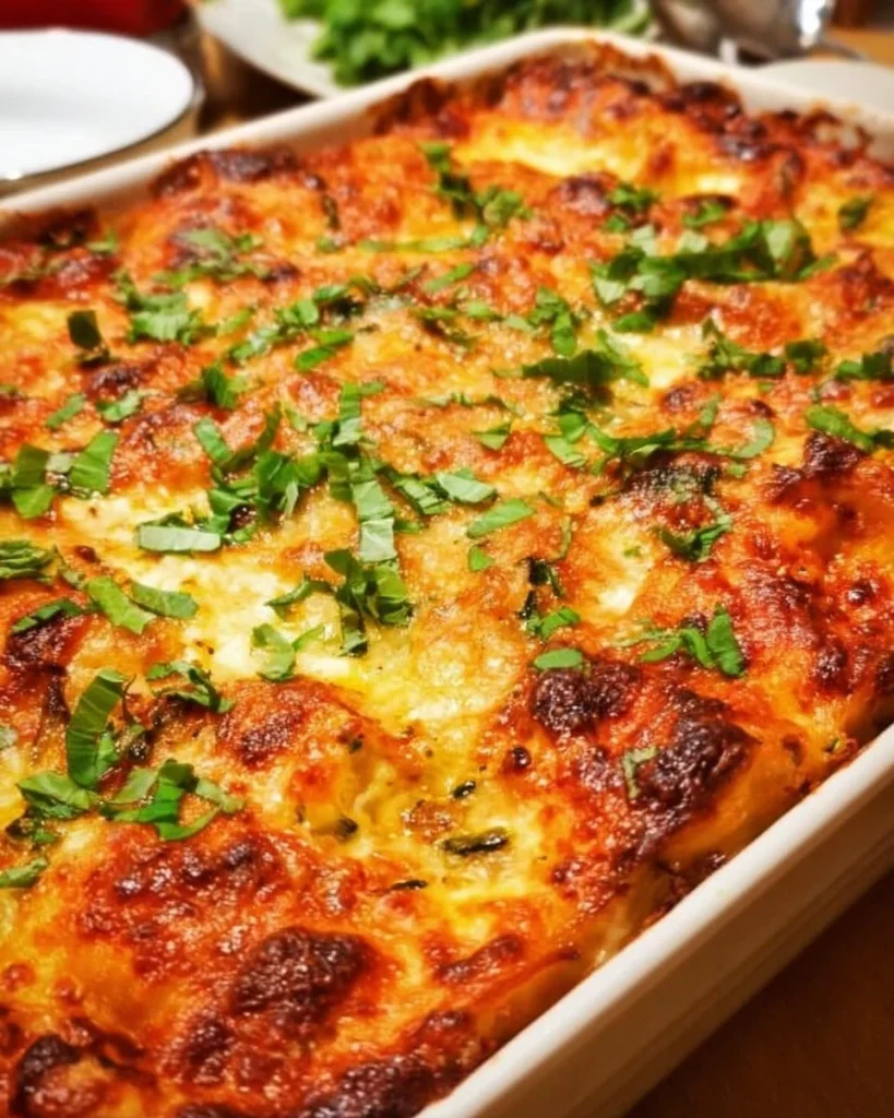 Deliciously baked Vegetarian Lasagna with layers of vegetables and cheese.