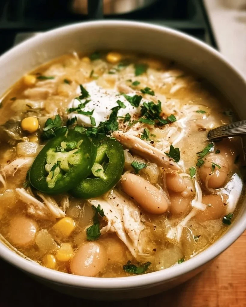 Delicious bowl of White Chicken Chili topped with cilantro and lime