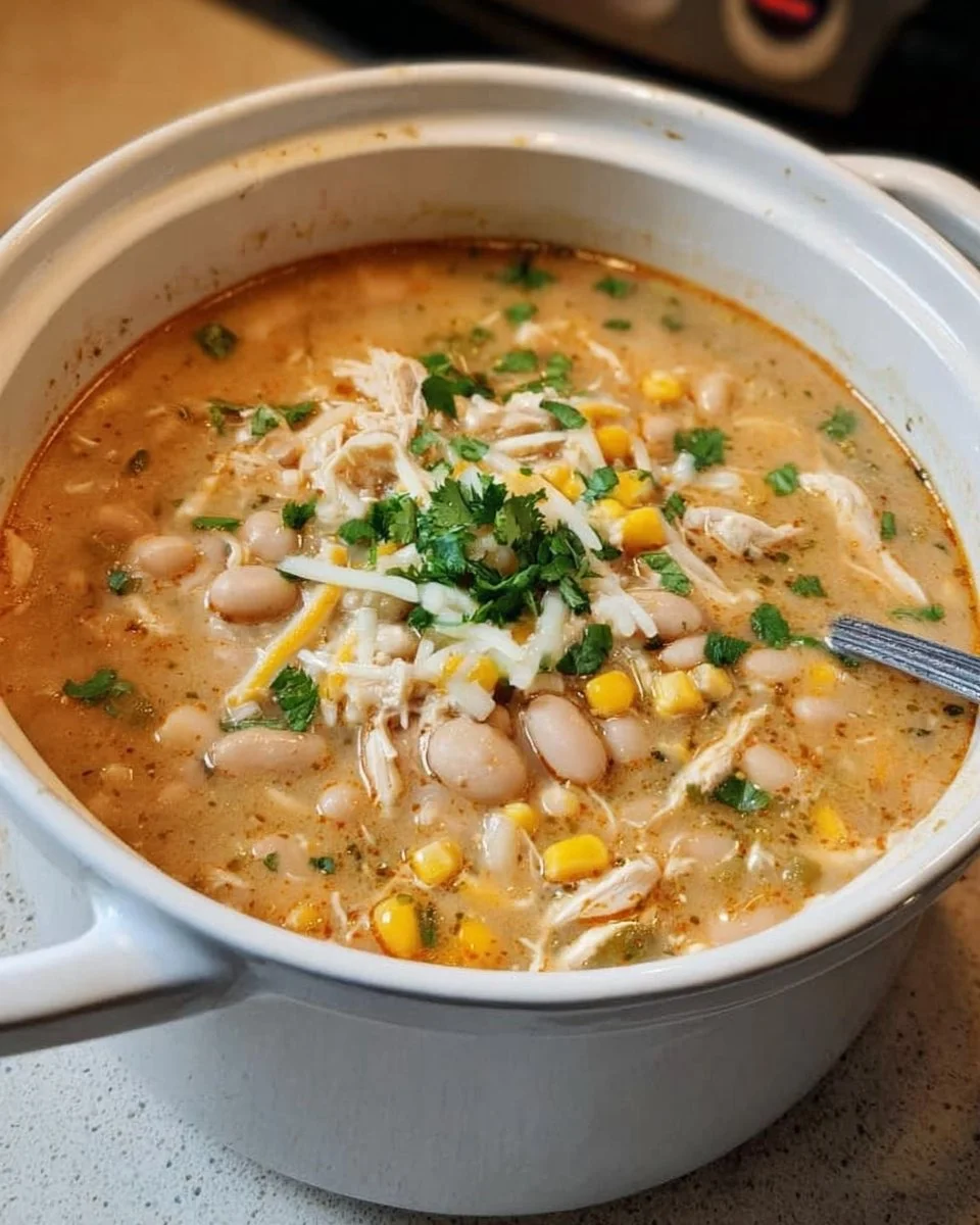 A bowl of white chicken chili garnished with cilantro and lime